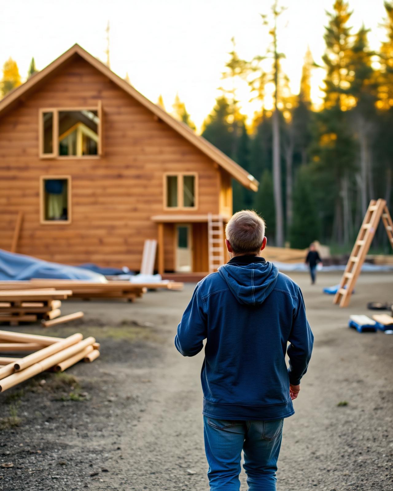 Père et fils sur un chantier en forêt